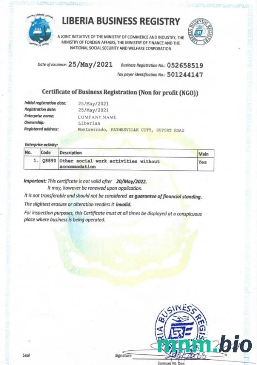 Liberia vcertyfikat of business registration Word i szablon PDF